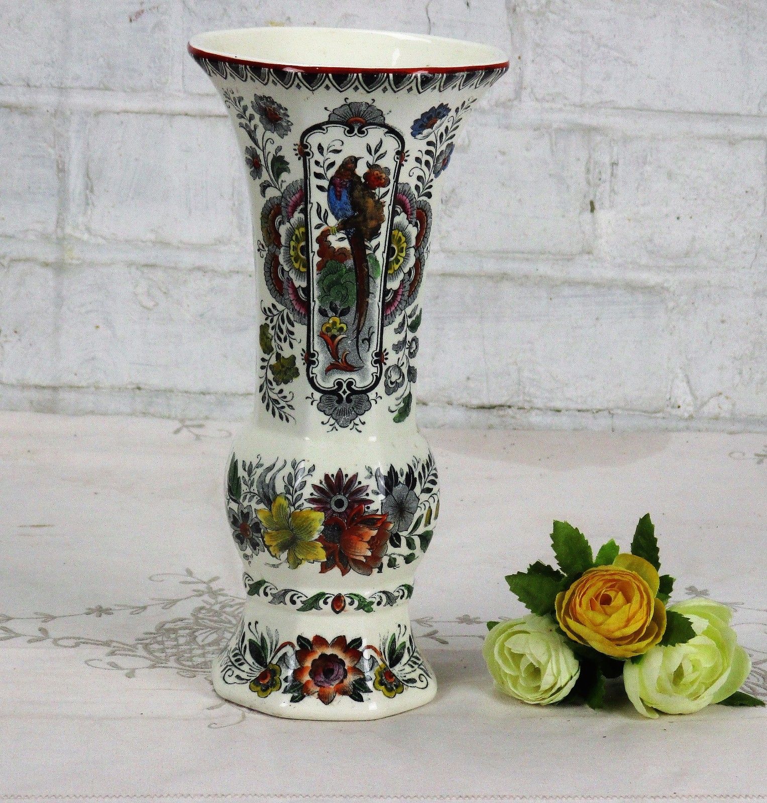 Maastricht Holland Rare Delft Polychrome Porcelain Vase Floral Design Birds photo for sale