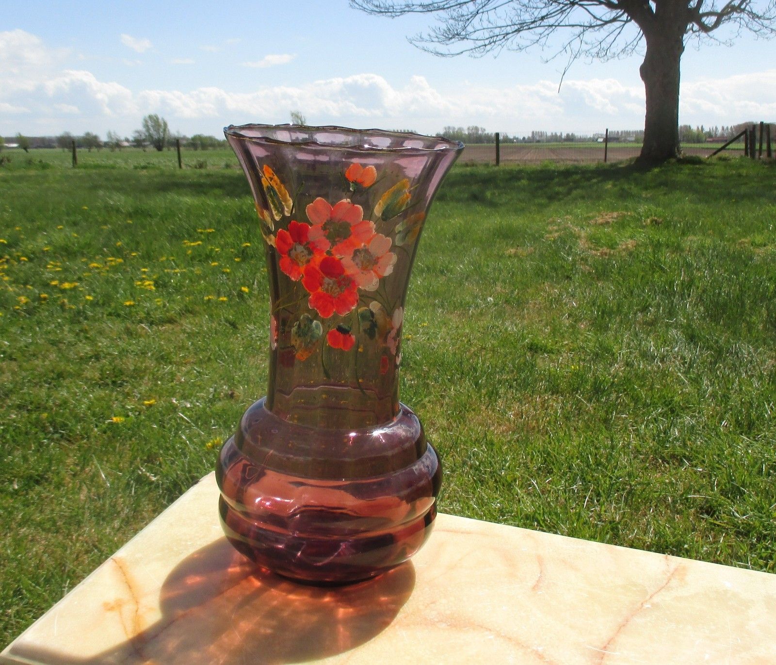 Large Doyen Art Deco Purple Amethyst Hooped Vase Painted Flowers Handpainted photo furniture