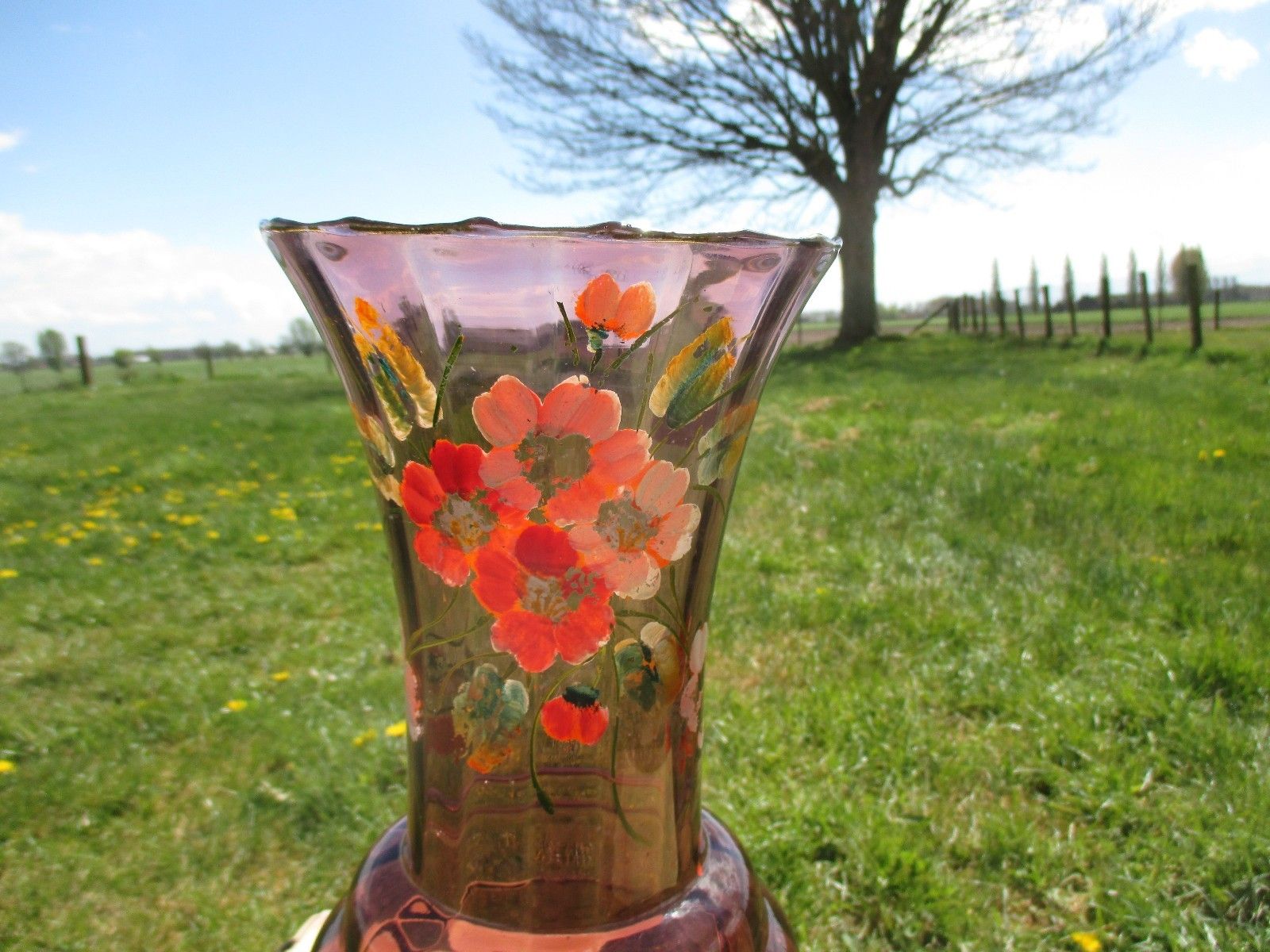 Large Doyen Art Deco Purple Amethyst Hooped Vase Painted Flowers Handpainted photo for sale