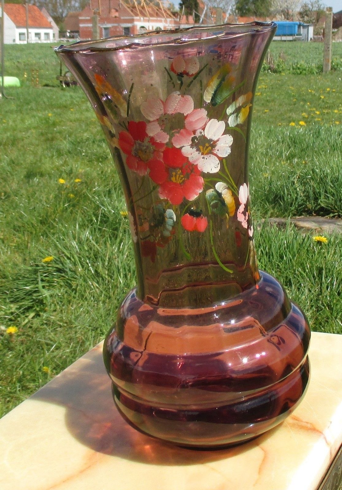 Large Doyen Art Deco Purple Amethyst Hooped Vase Painted Flowers Handpainted photo vinterior