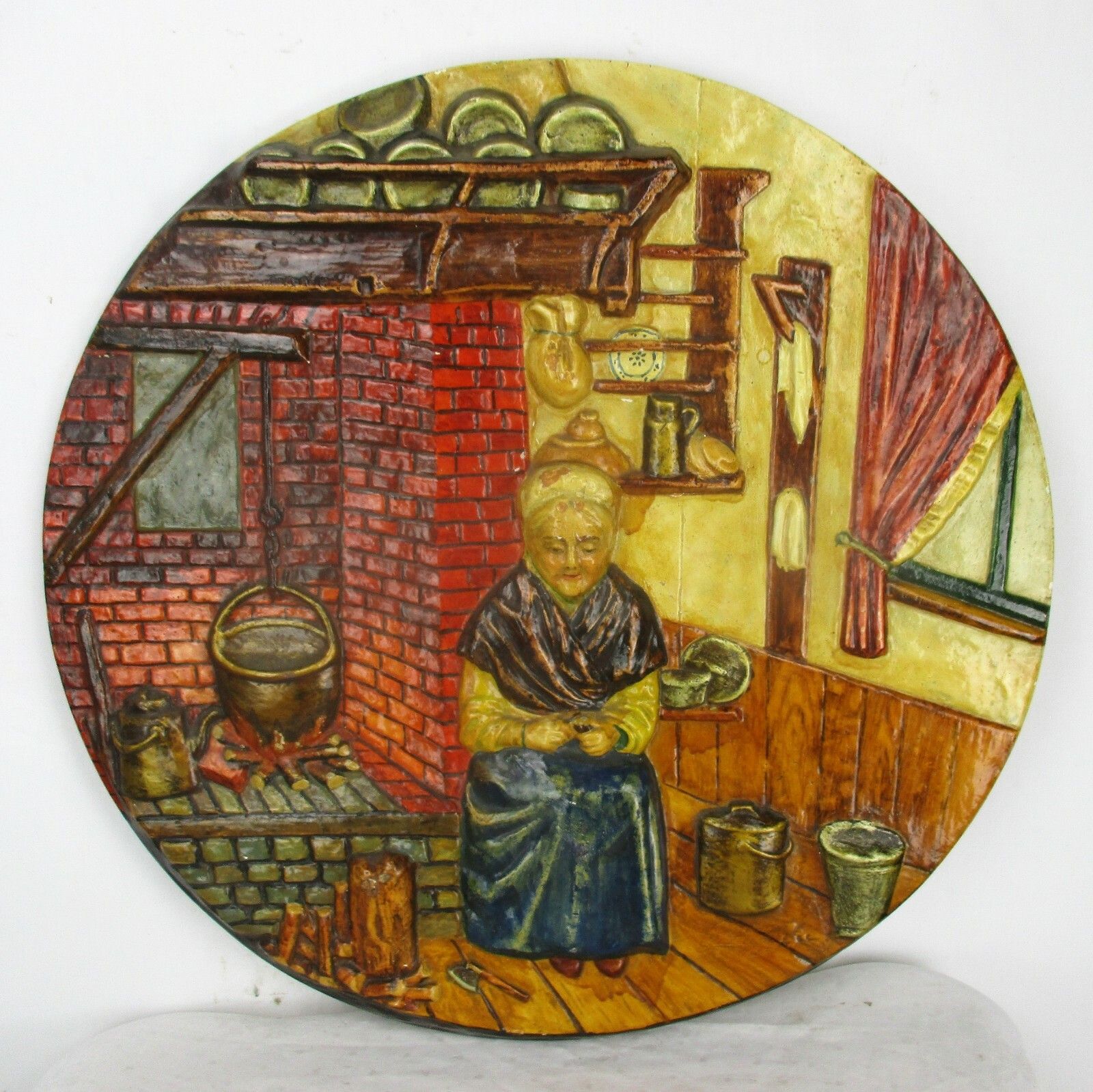 Large Charger Wall Plate Plaster Old Lady Interior Polychrome Colorful Folk Art photo furniture