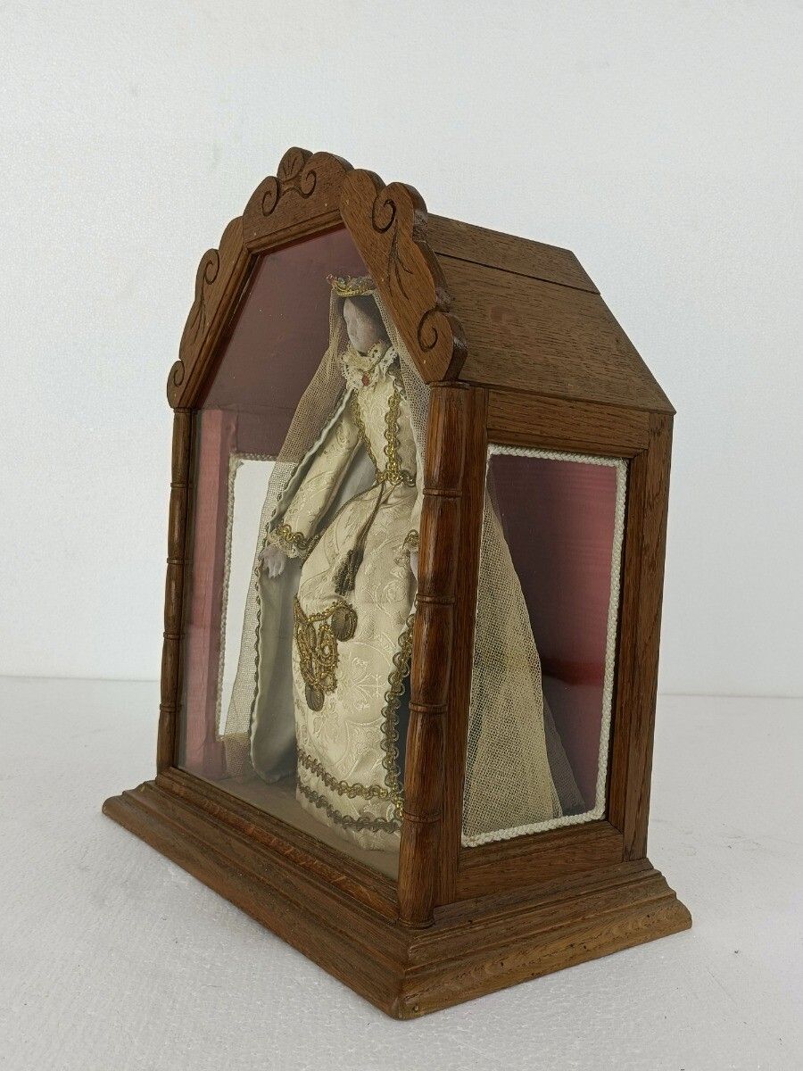 Antique Hand Carved Wood Chapel Niche Shrine With Hand Made Antique Doll 19th Ce photo Home Decor