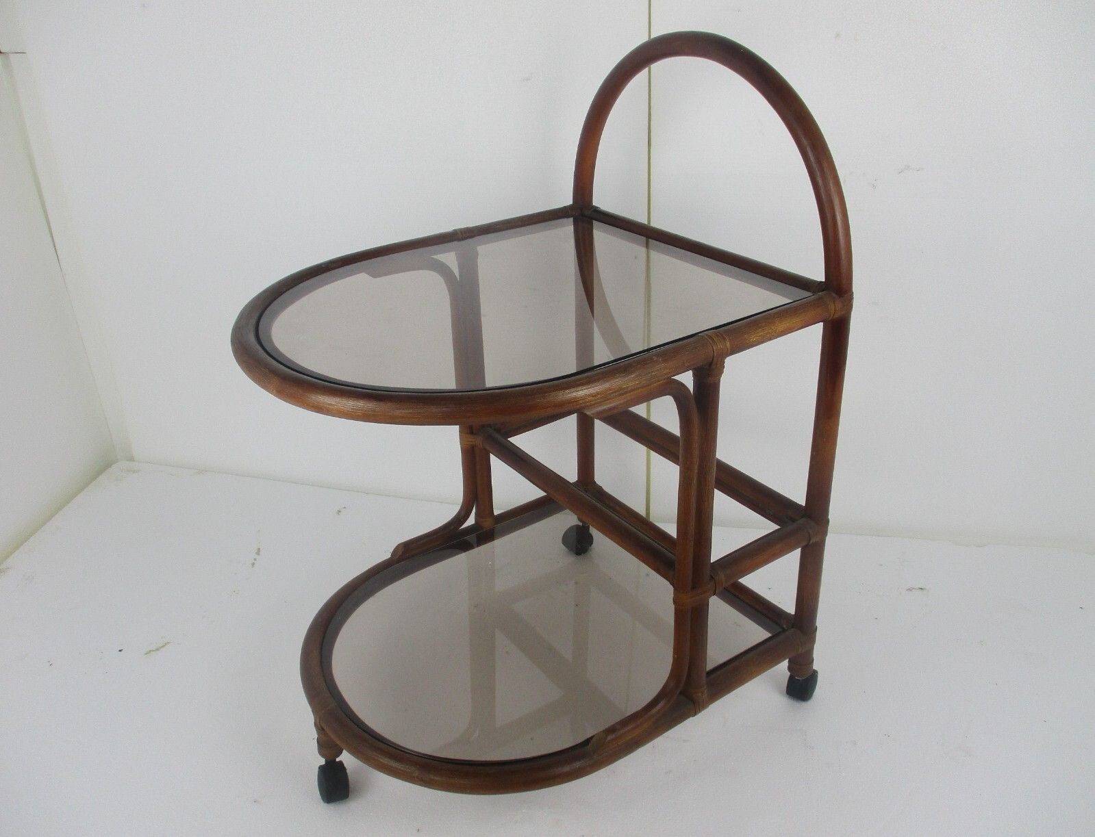Bamboo Rattan Bar Cocktail Tea Garden Cart Kitchen Trolley Smoked Glass photo Home Decor