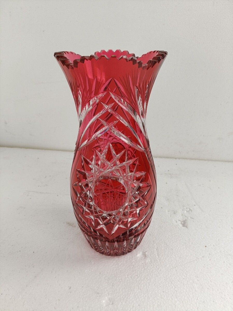 Crystal Ruby Red Cranberry Clear To Cut Bowl Vase Dot Star Beautiful  Vsl Style photo furniture