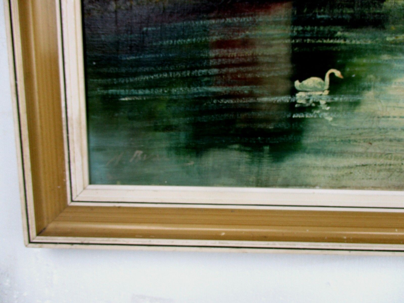 Oil Painting Canvas Wooden Frame Gorgeous Land Cityscape Swans Bridge Signed photo for sale