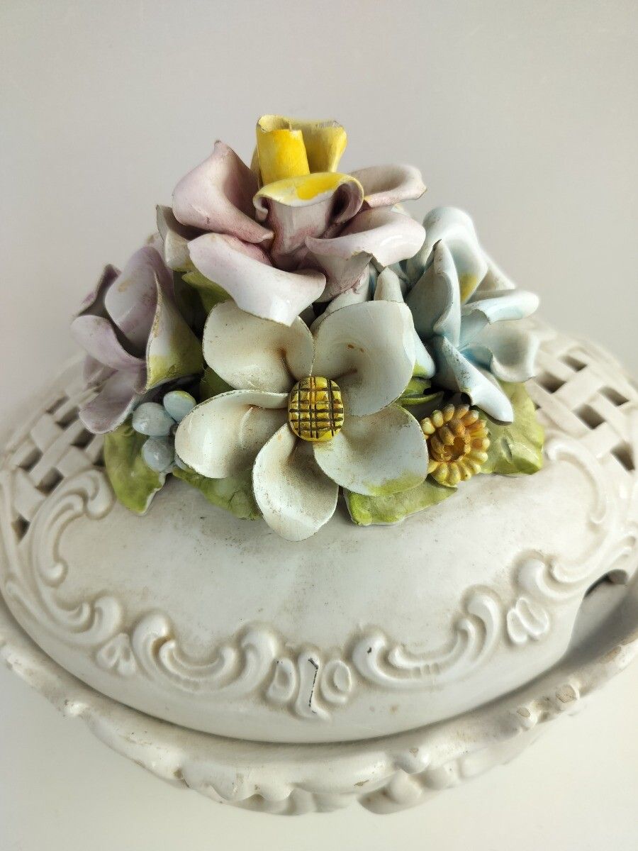Art Deco Dish Bowl Lidded 3d Porcelain Flowers Antique Centerpiece Bassano Italy photo furniture