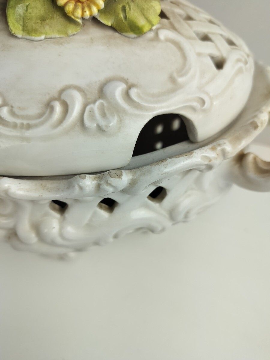 Art Deco Dish Bowl Lidded 3d Porcelain Flowers Antique Centerpiece Bassano Italy photo for sale