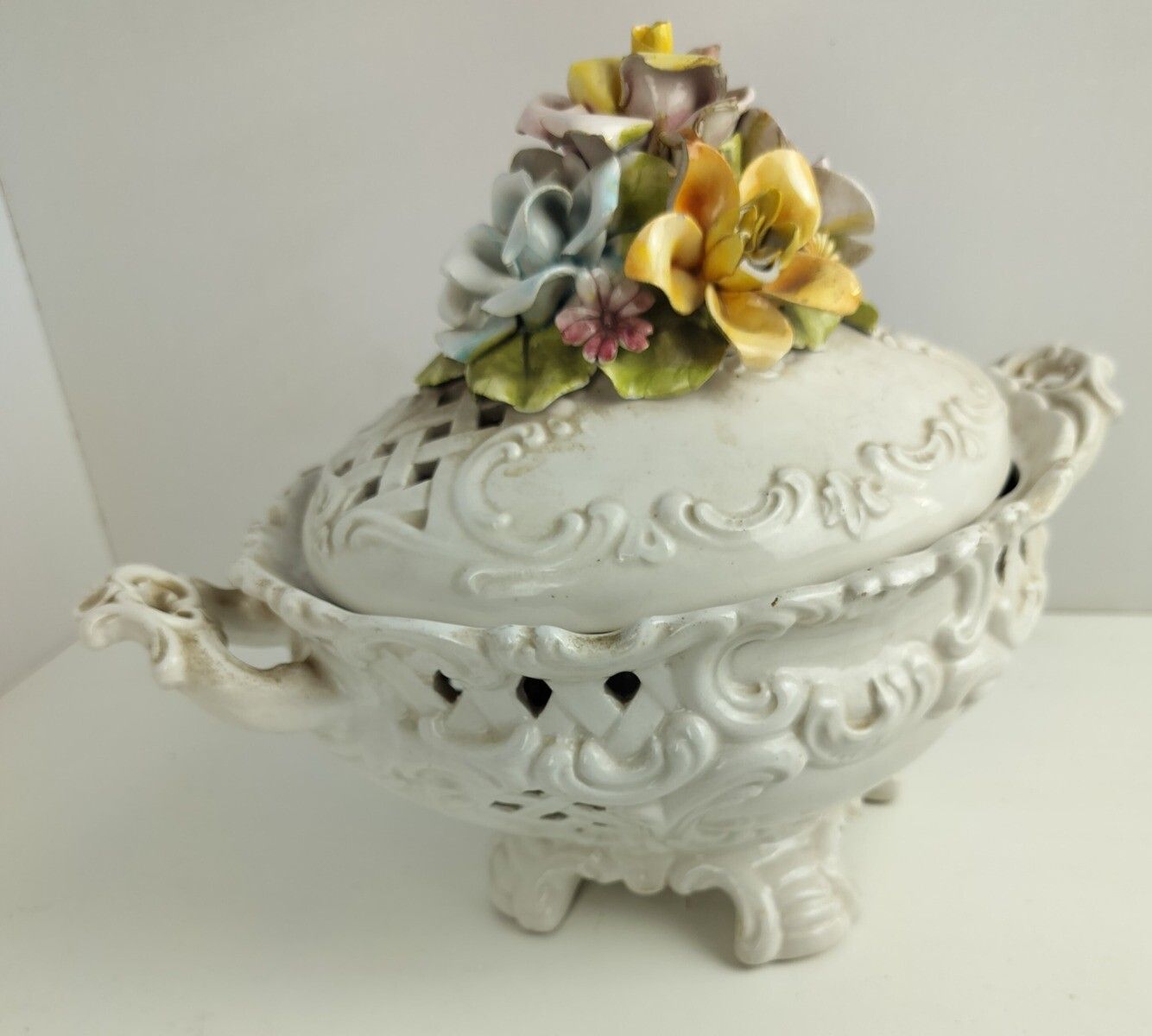 Art Deco Dish Bowl Lidded 3d Porcelain Flowers Antique Centerpiece Bassano Italy photo vintage