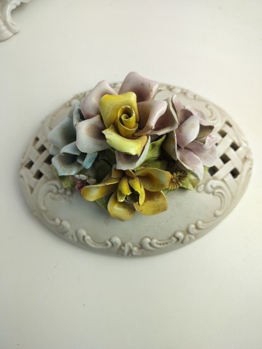 photo furniture Art Deco Dish Bowl Lidded 3d Porcelain Flowers Antique Centerpiece Bassano Italy