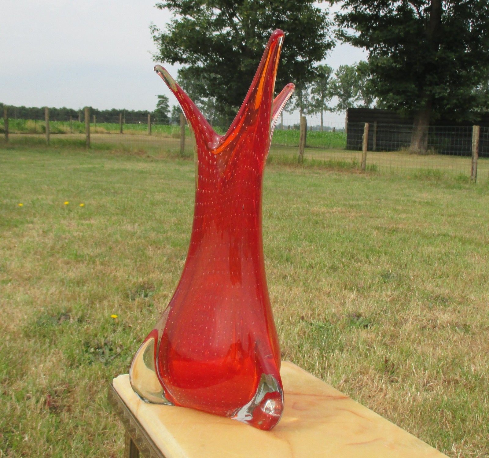 Vintage Red Vase  Mid Century Glass Goblet Vase Jar Controlled Bubbles photo for sale