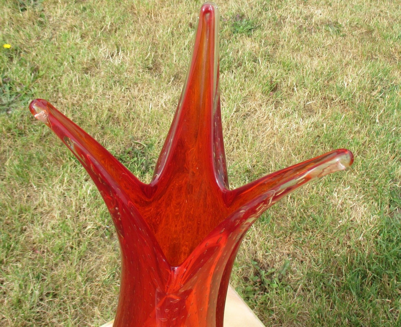 Vintage Red Vase  Mid Century Glass Goblet Vase Jar Controlled Bubbles photo 113.0