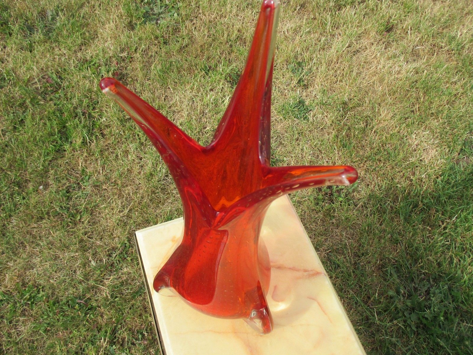 Vintage Red Vase  Mid Century Glass Goblet Vase Jar Controlled Bubbles photo vinterior