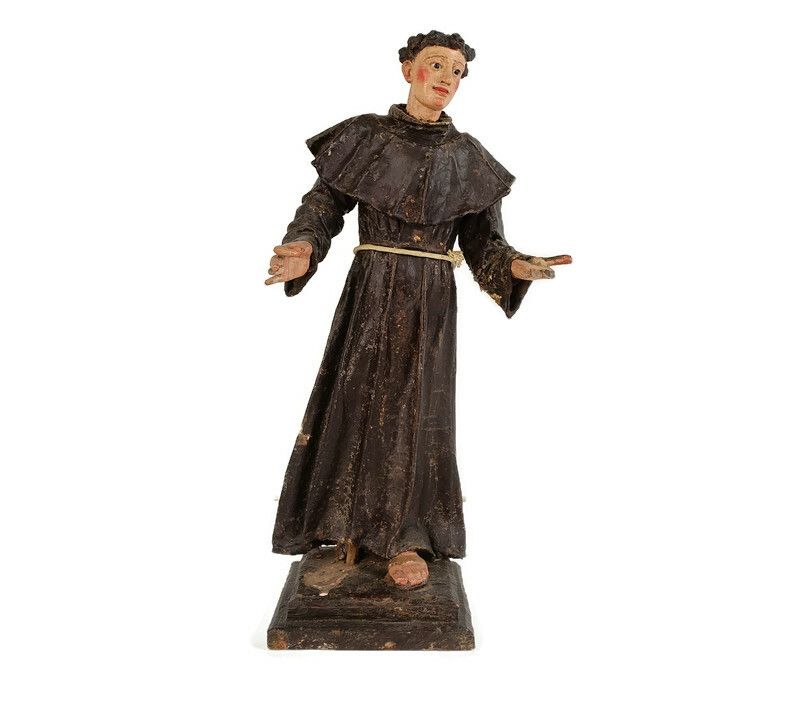 Antique Statue St Anthony Padua Paper Mache Wood Terra Cotta 18th Century  Glass