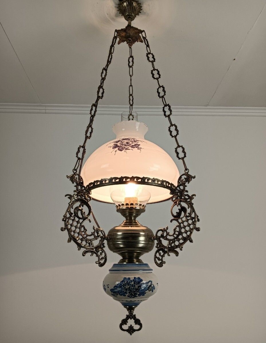 Gorgeous Delft Chandelier Blue White With Lampe Belge Antique French Count photo furniture