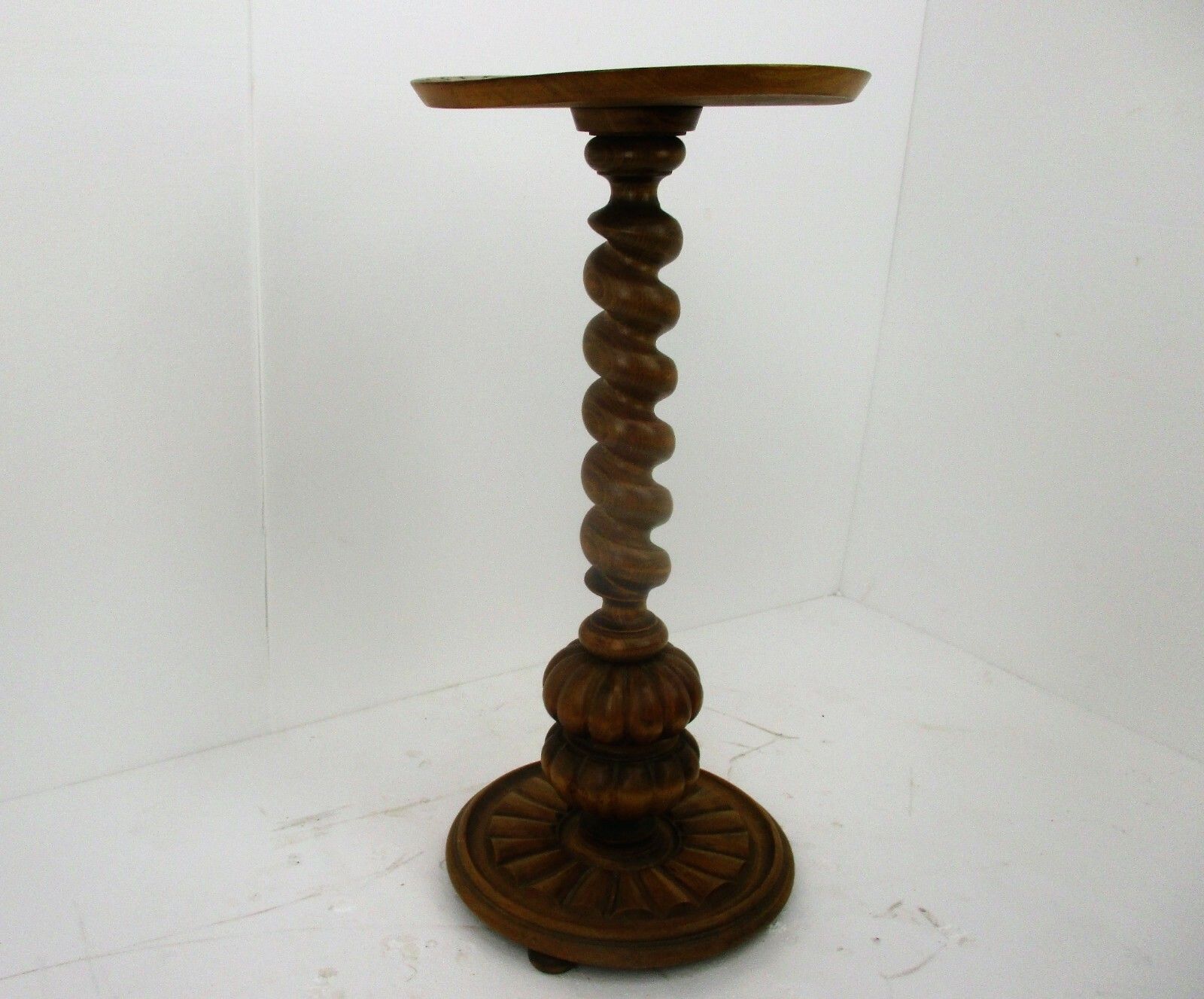 Hand Carved Wood Barley Twist Pedestal Display Side Table Plant Stand Ornate Top photo for sale