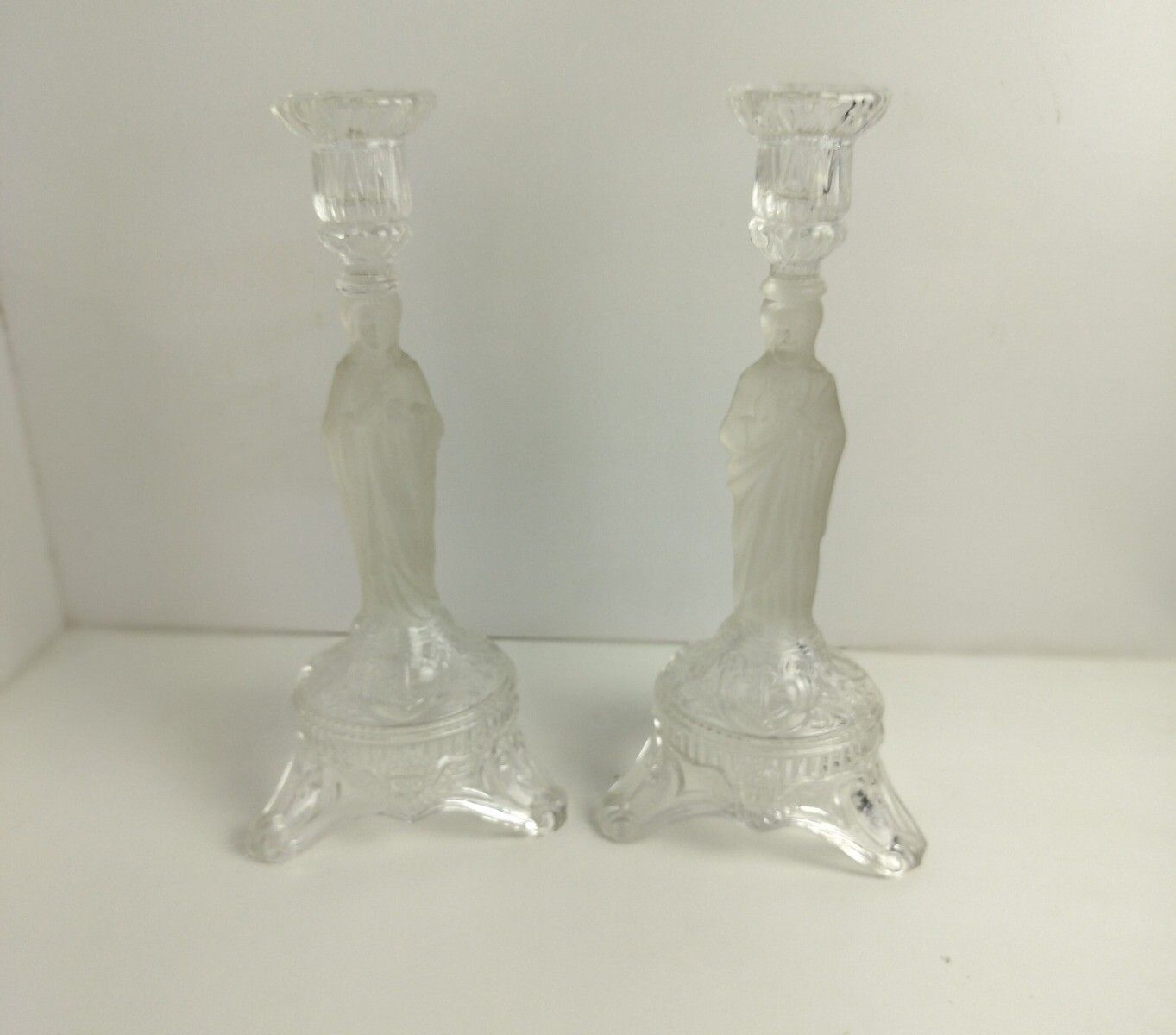 Couple Candle Holders Art Glass S  Holy Heart Virgin Mary Christ Prisms Vintage photo for sale