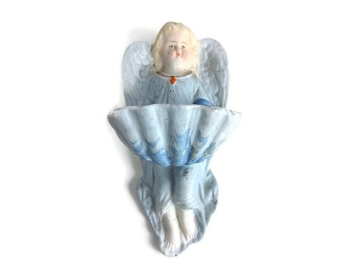 Small Antique Holy Water Font Pastel Blue Angel Porcelain Bisque Vessel Wall Han