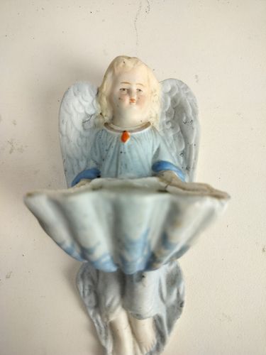 Small Antique Holy Water Font Pastel Blue Angel Porcelain Bisque Vessel Wall Han photo furniture