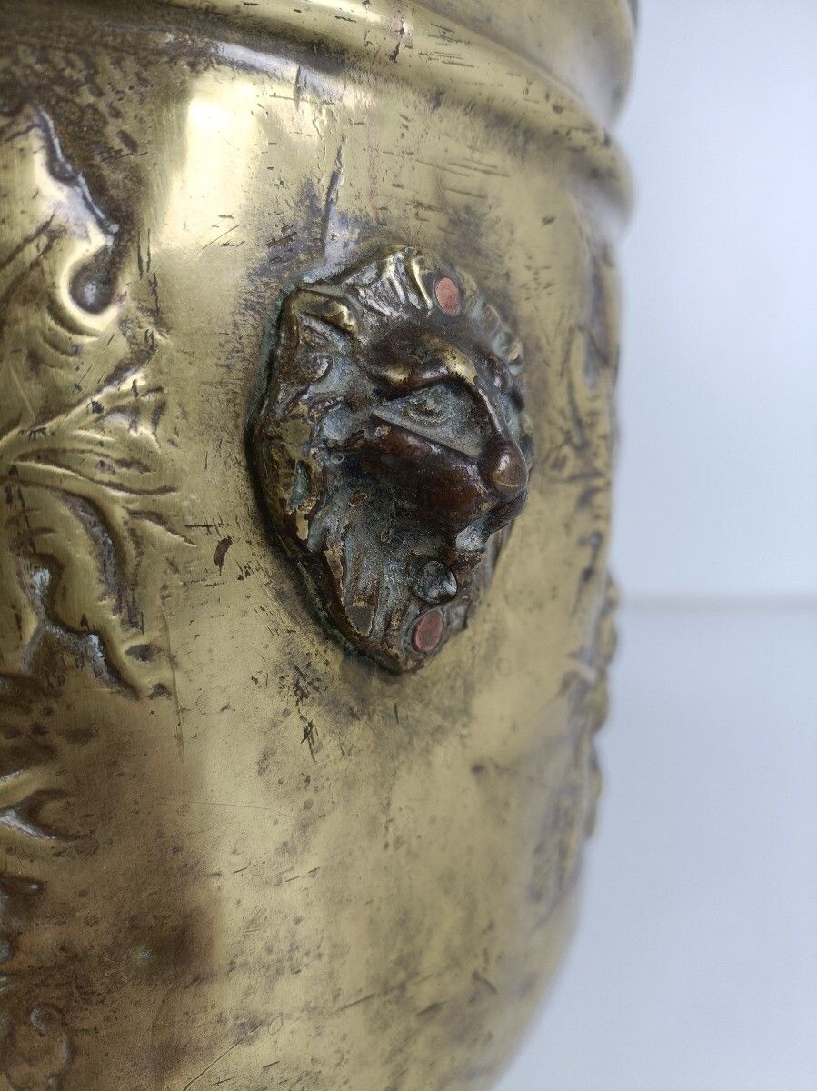Ornate Brass Planter Flower Pot Jardiniere Embossed Antique Grapes Cachepot photo buy