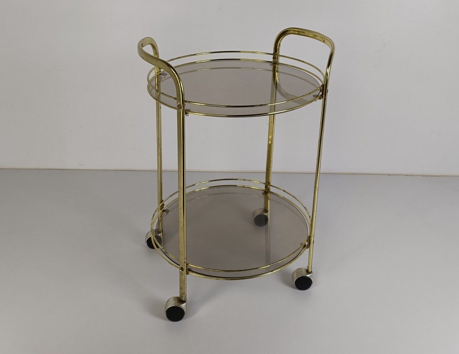 Vintage Glass Round  Bar Coctail Cart Smoked Glass 70s Two Tier Kitchen Island L photo furniture