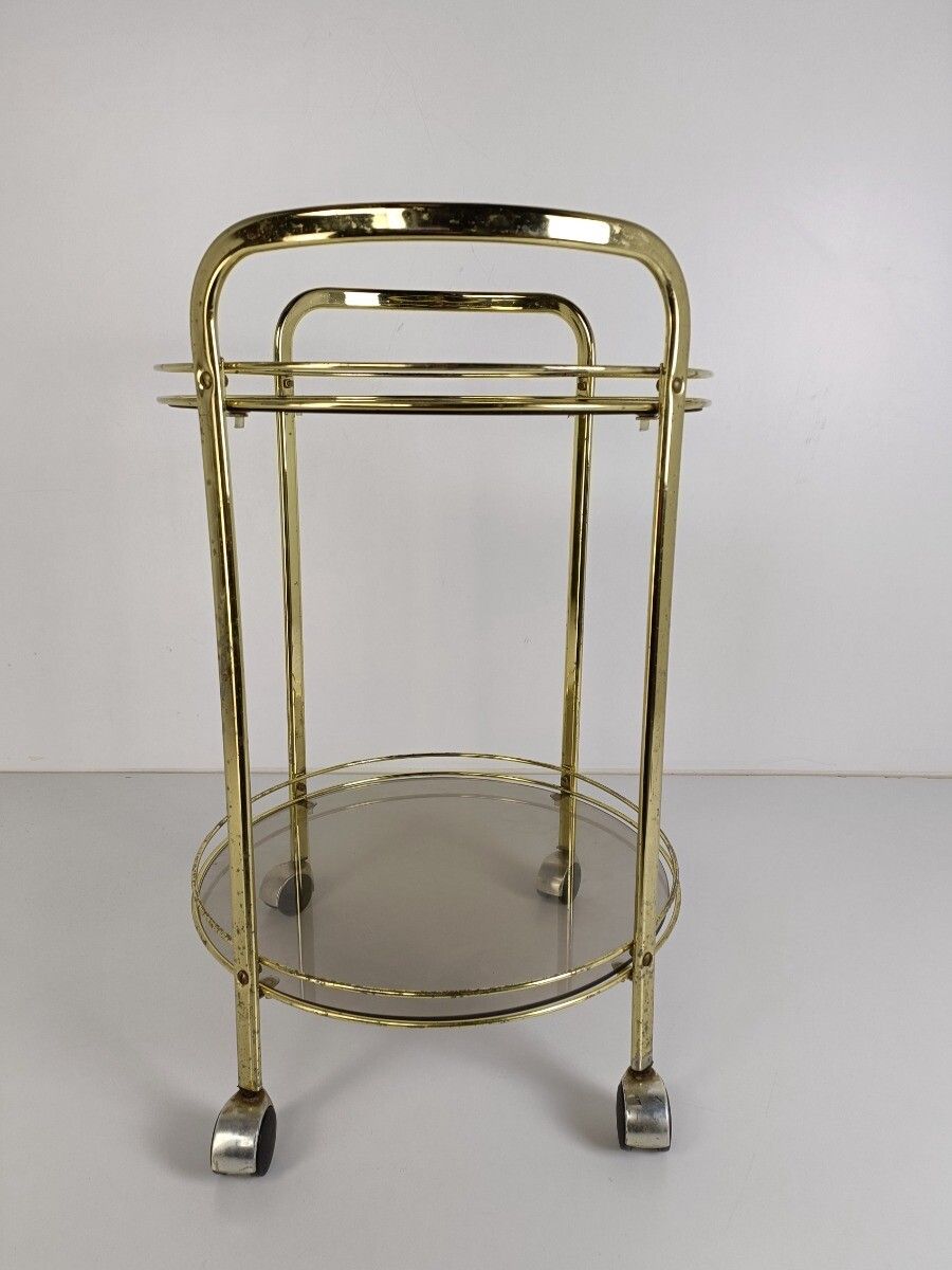 photo for sale Vintage Glass Round  Bar Coctail Cart Smoked Glass 70s Two Tier Kitchen Island L