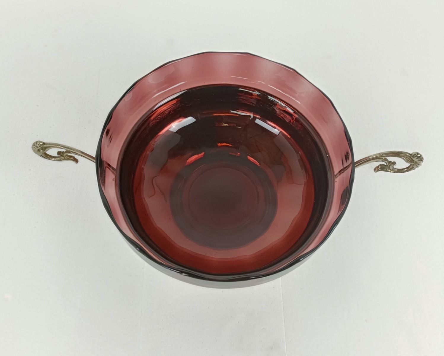 Vintage  Faux Brass Cranberry Glass Communion Dish Bowl Centerpiece Ciborium Tra photo for sale