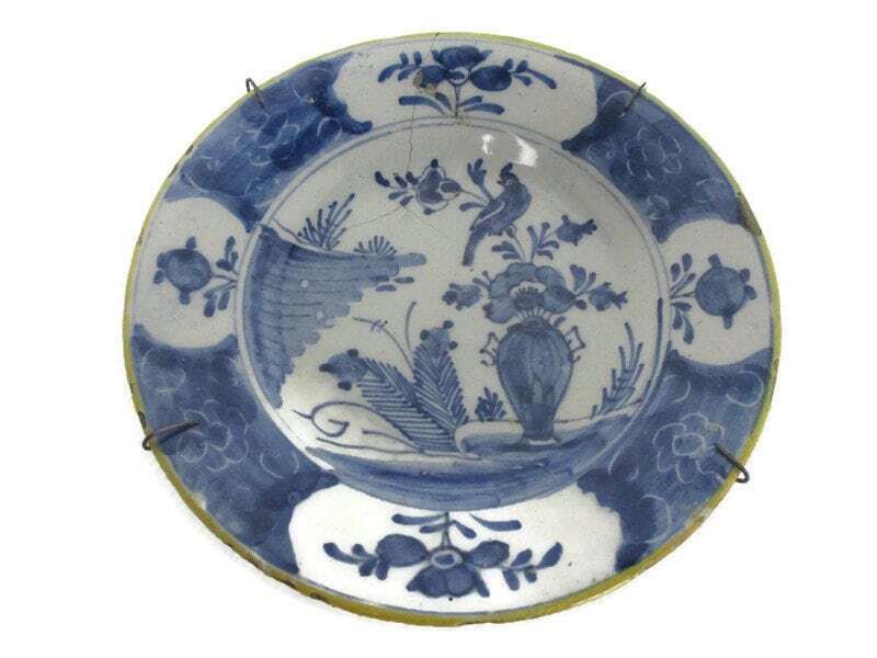 18th Century Delft Wall Hanging Charger Plate Blue White Antique Peacock Feather