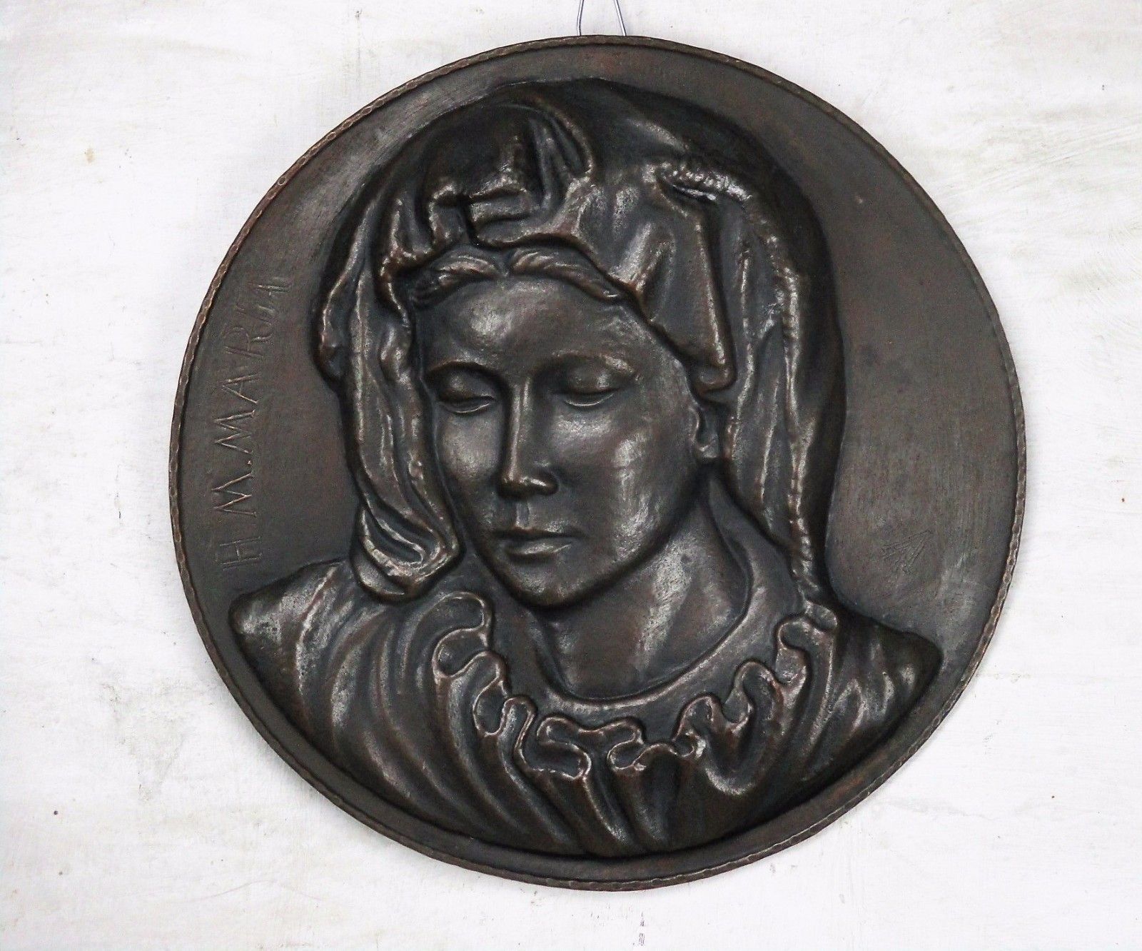 Large Hammered  Red Copper Wall Plate Virgin Mary Madonna Gorgeous 18.5"