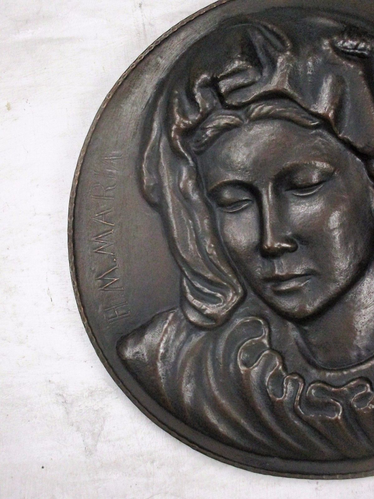 Large Hammered  Red Copper Wall Plate Virgin Mary Madonna Gorgeous 18.5" photo for sale
