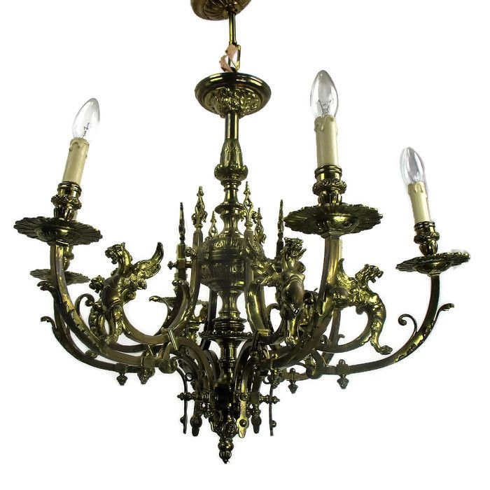18 19th Century Impressive Gothic Bronze Castle Empire Chandelier  Dragons Htf