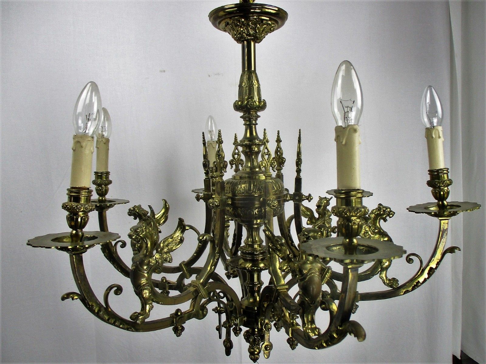 18 19th Century Impressive Gothic Bronze Castle Empire Chandelier  Dragons Htf photo vinterior
