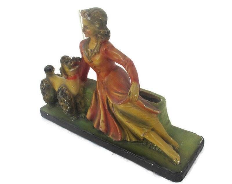Art Nouveau Statue Figurine Girl  With King Poodle Arnavo Plaster Planter Vase M