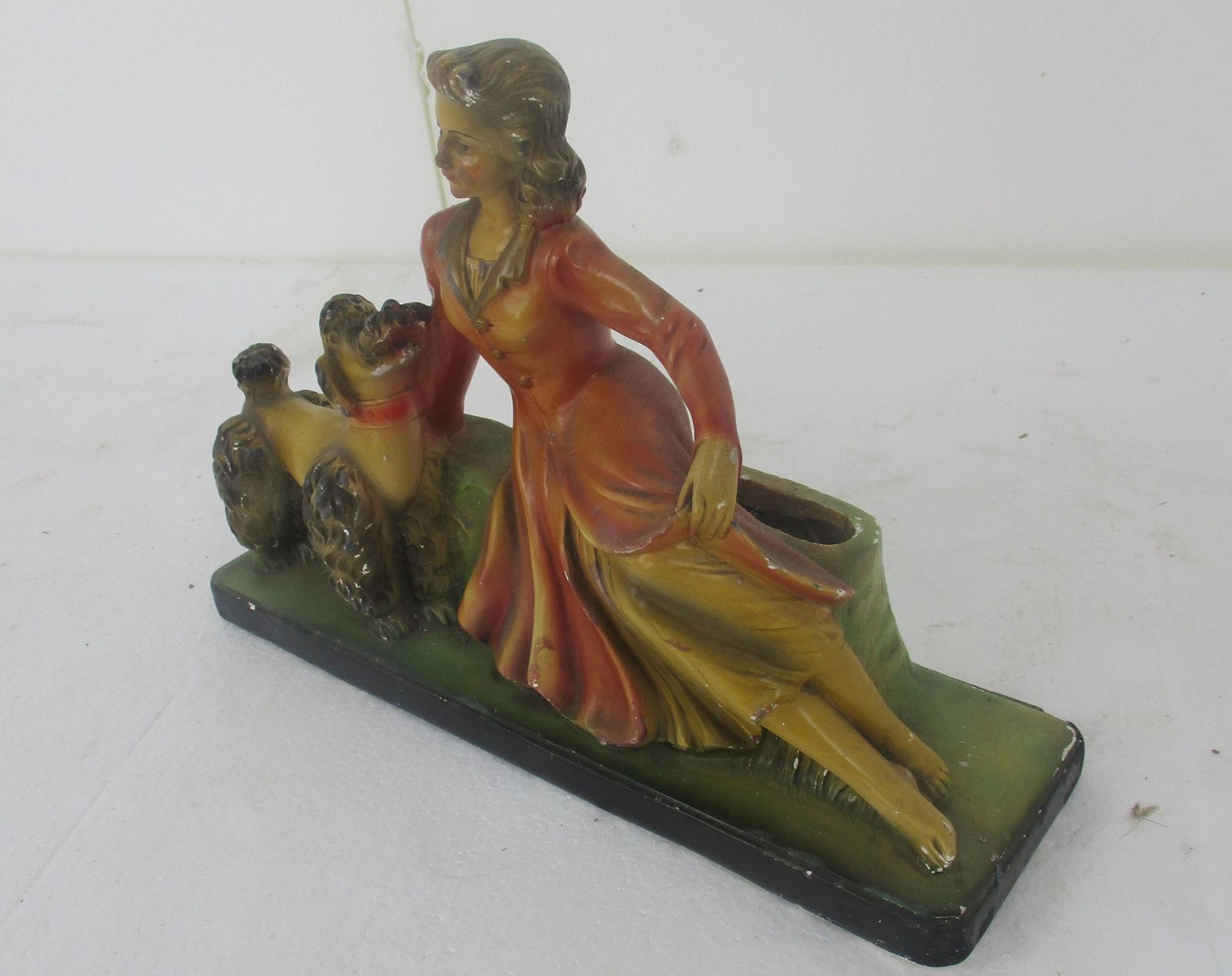 Art Nouveau Statue Figurine Girl  With King Poodle Arnavo Plaster Planter Vase M photo vinterior
