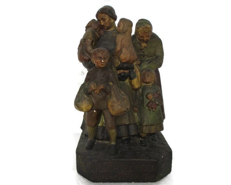 Statue Figurine Sculpture Children With Mother Titled Refugees Signed O Van Haeg