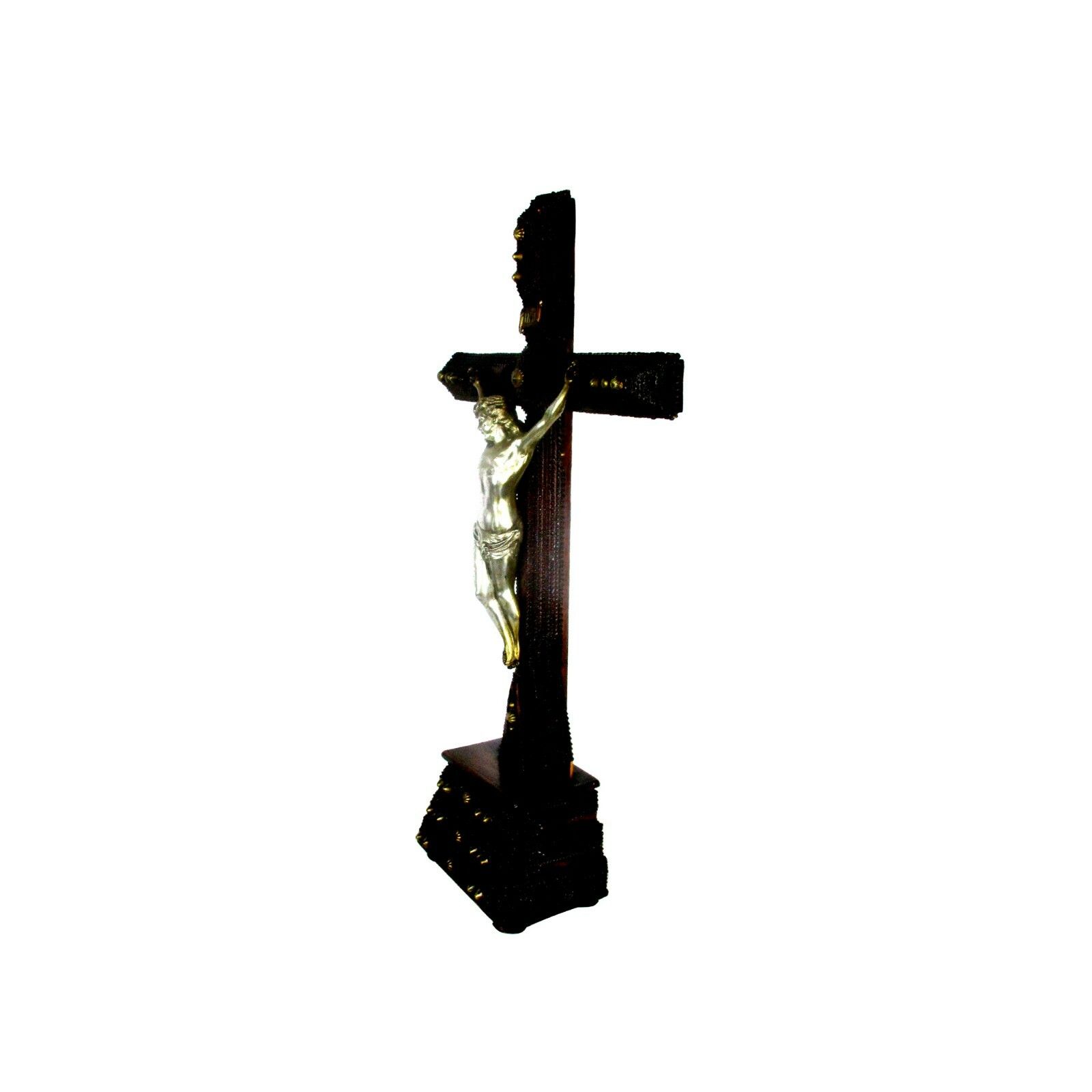 Xl Altar Standing Crucifix Corpus Christi Hand Carved Wood Spelter Folk Art photo buy