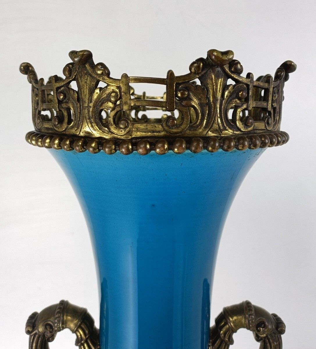 Large J. Massier For Vallauris Blue Ceramic Vase Urn With Bronze Details Gorgeou photo Home Decor