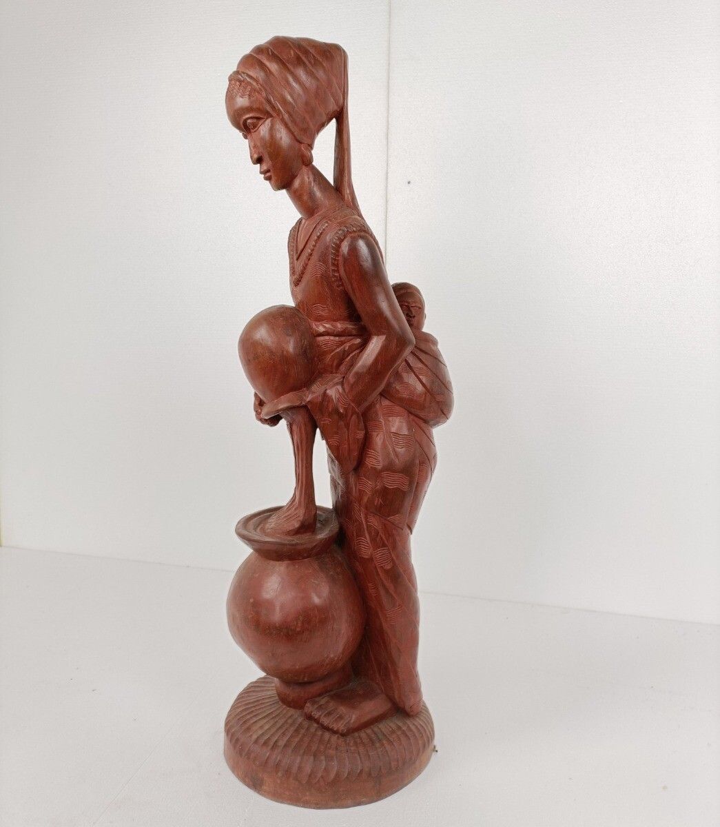 Large Hand Carved Wooden Statue Figurine African Tribal Woman With Baby photo furniture