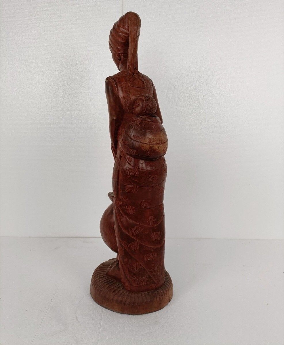 Large Hand Carved Wooden Statue Figurine African Tribal Woman With Baby photo vinterior