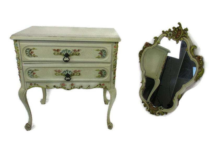 French Provincial White Crackled Chest Of Drawers Wood With Mirror Florentine