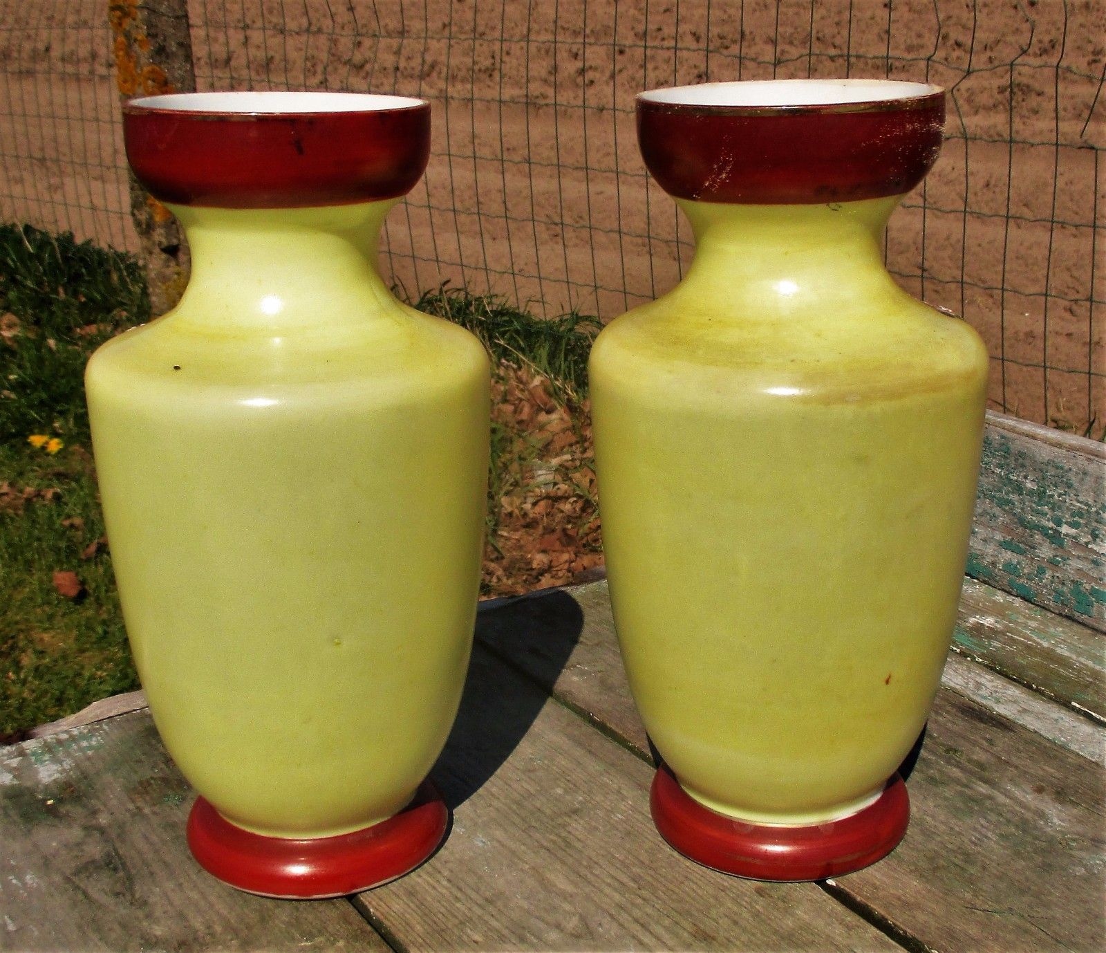 French Opaline Couple Of Vases Hand Painted Enameled Art Deco photo for sale