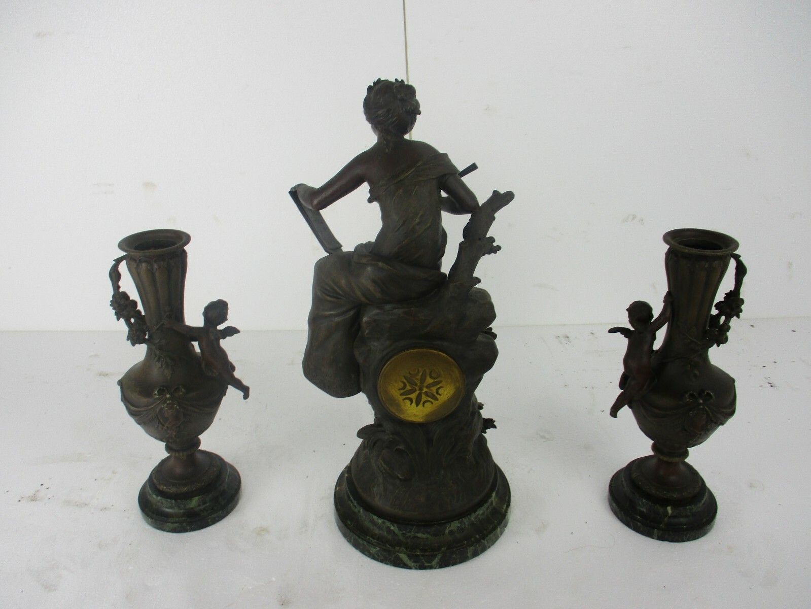 3 Piece Garniture Mantle Set Clock Vases L & F Moreau French  Cherubs Girl Wow photo buy
