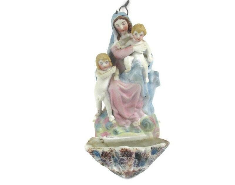 Porcelain Bisque Holy Water Font Vessel Virgin Mary And Infant Jesus  John The B