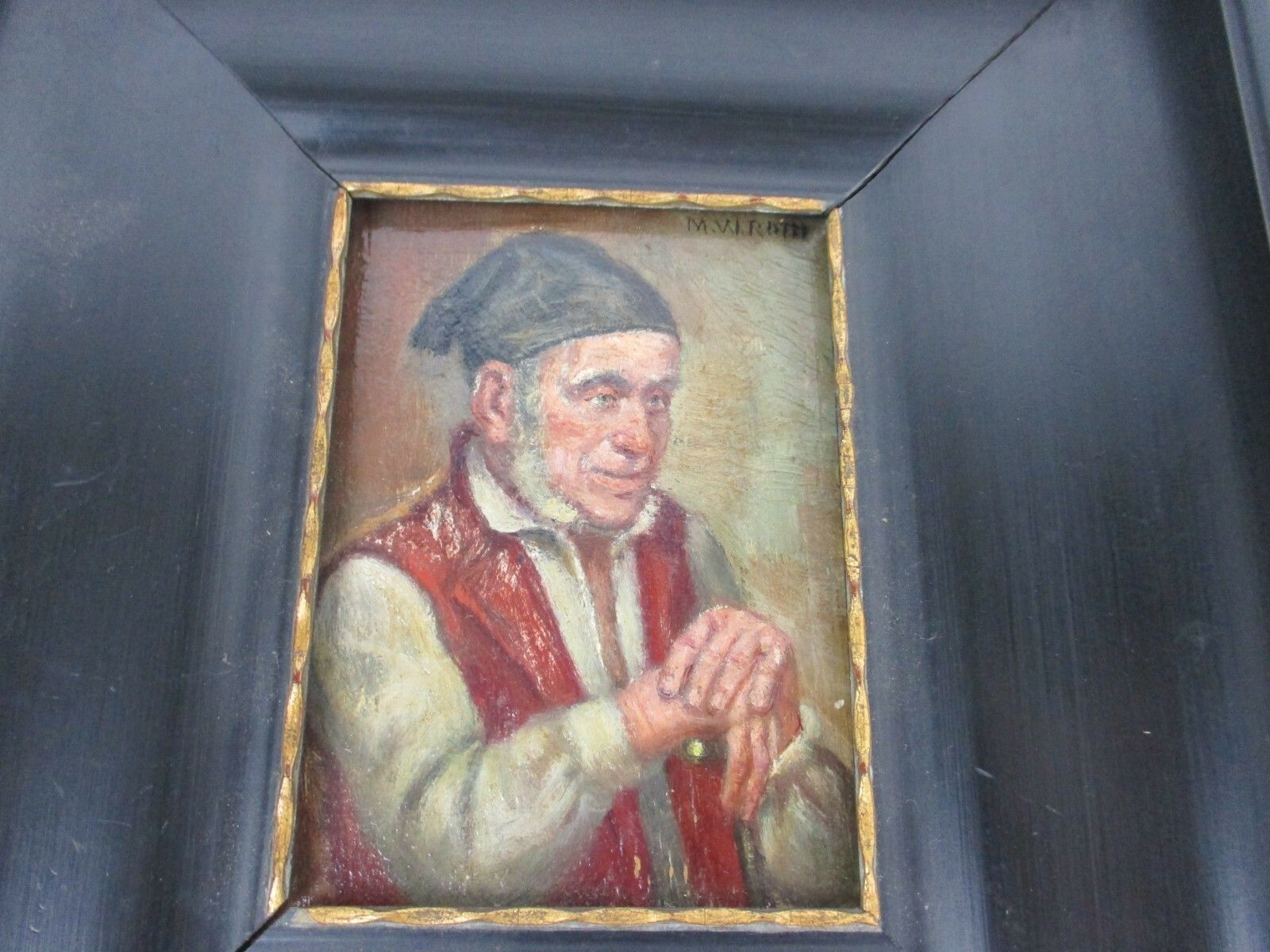 Miniature Oil Painting On Wood Framed Old Man  Signed M. Roth Lovely photo furniture