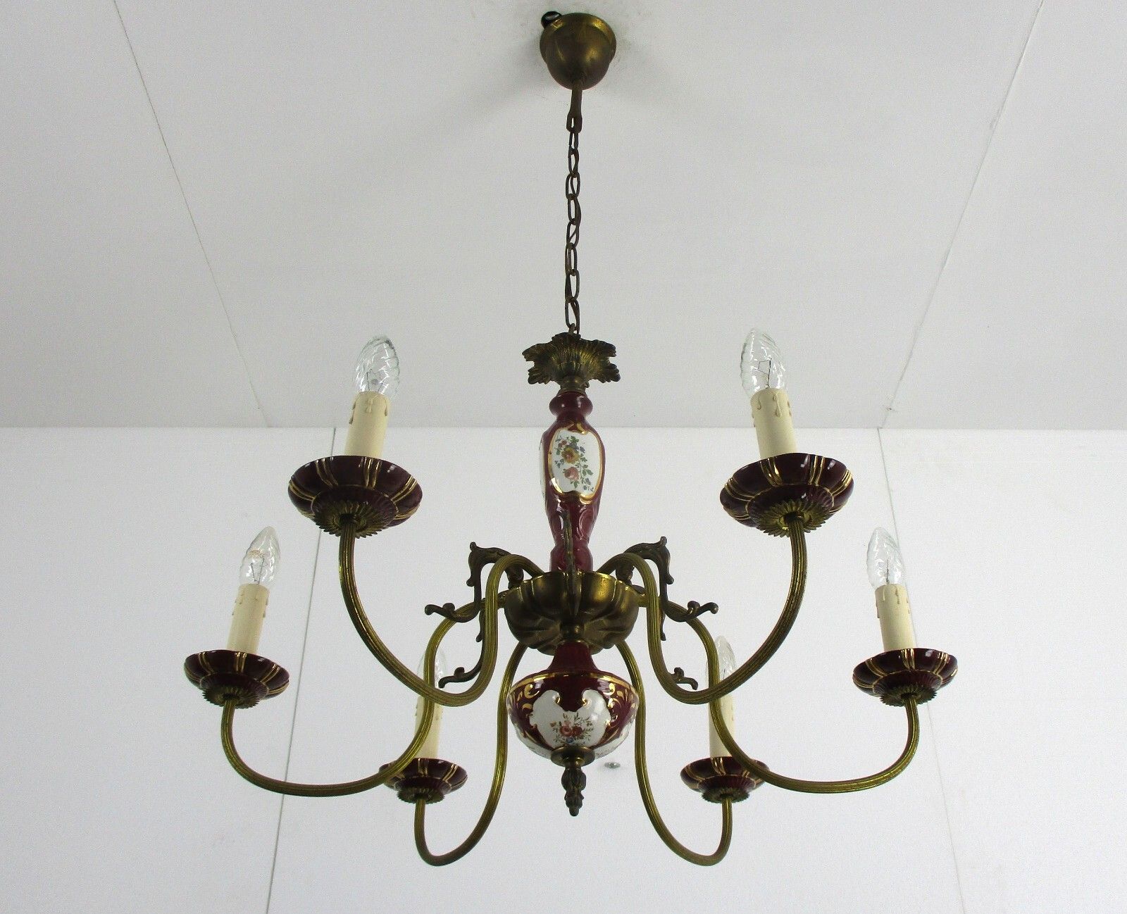 Chandelier 6 Arms Lights Ceramic Porcelain Ceramic  Blue Gold Mid Century Italy photo Lighting