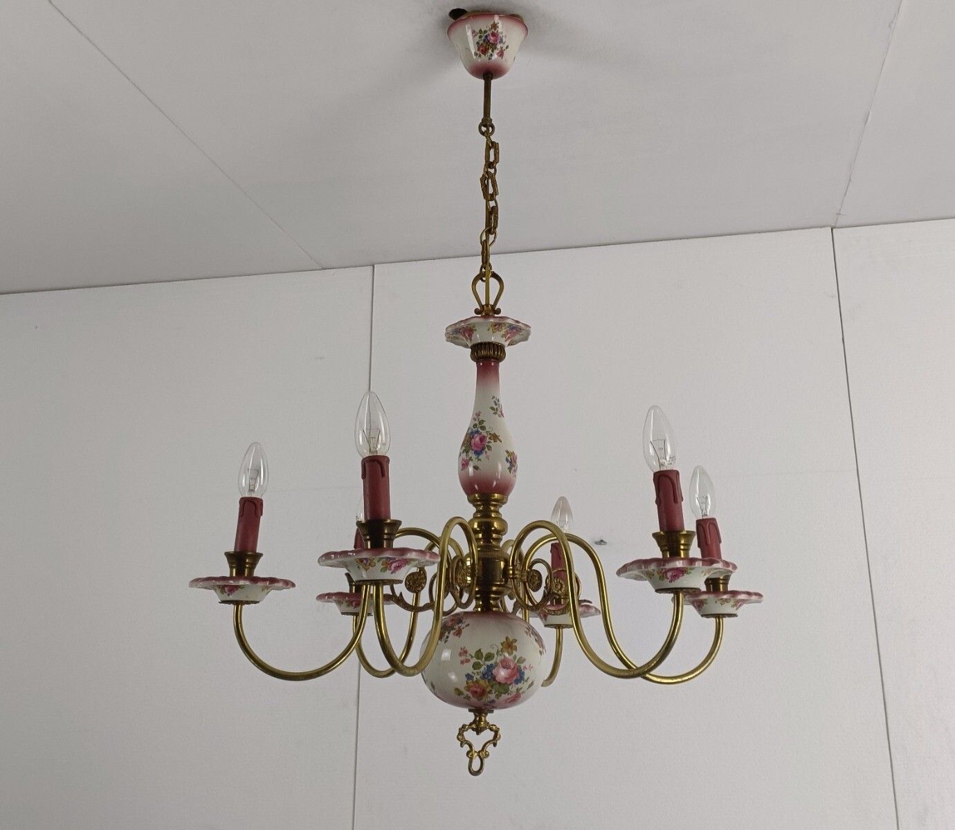 Vintage Porcelain Pink Flower Chandelier 6 Arm 6 Lights Italian Modernist photo Lighting