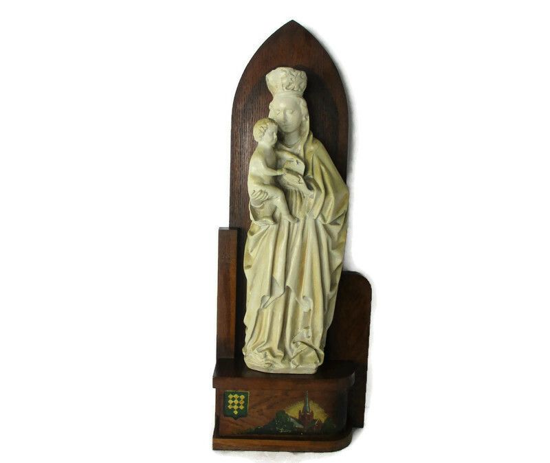Hand Painted Chapel Niche Madonna Virgin Mary Infant Child Statue Plaster Lovely