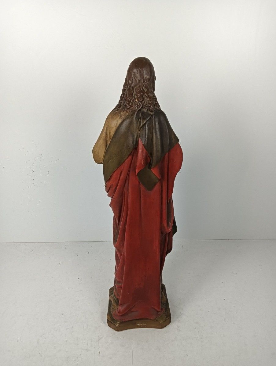 Large Antique 1900 Church Chapel Statue Jesus Christ Sacred Heart Polychrome Neo photo Art