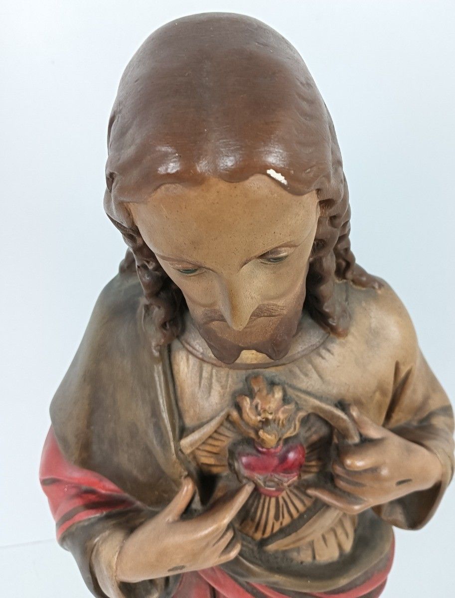 Large Antique 1900 Church Chapel Statue Jesus Christ Sacred Heart Polychrome Neo photo vintage