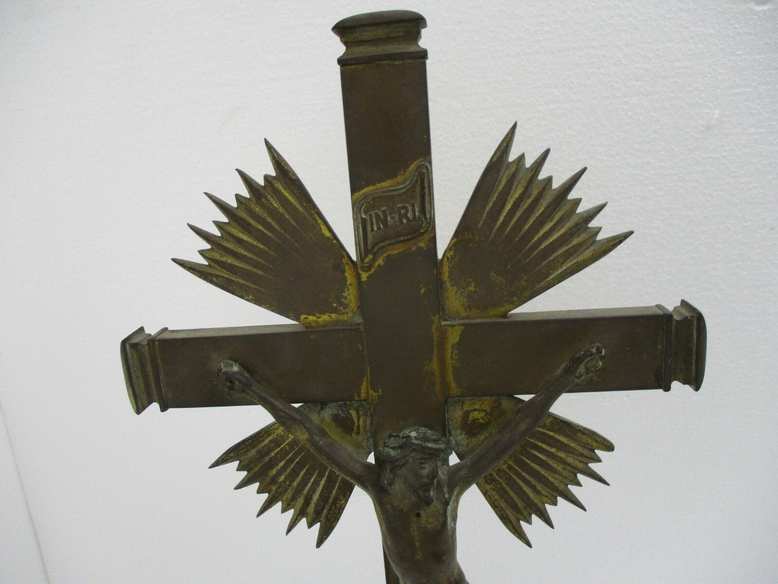 Antique Xl Standing Altar Church Chapel Crucifix Jesus Christ Cross Brass 1800s photo furniture