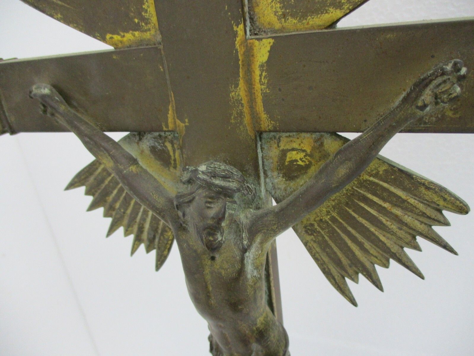 Antique Xl Standing Altar Church Chapel Crucifix Jesus Christ Cross Brass 1800s photo Art